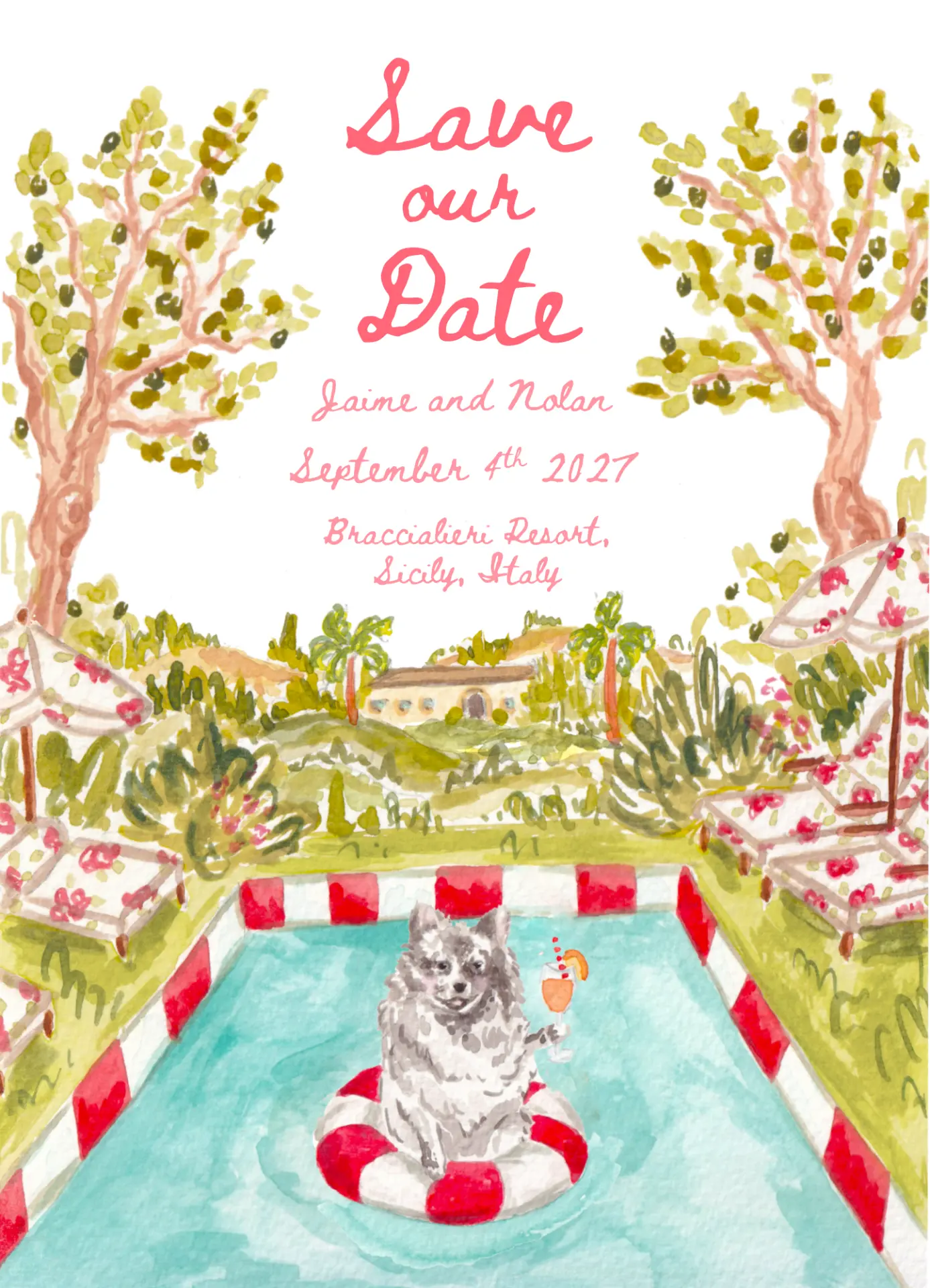 Watercolour save the date: Jaime and Nolan, September 4th 2027, Braccialieri Resort, Sicily