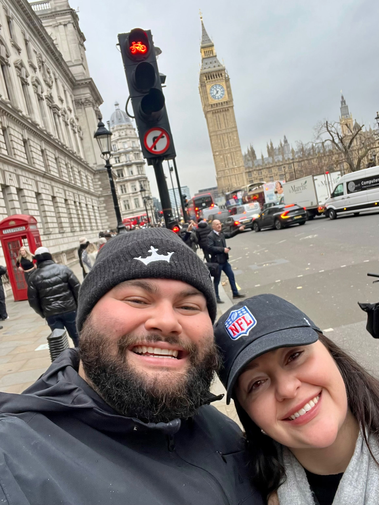 Jaime and Nolan taking a selfie in front of Big Ben in London